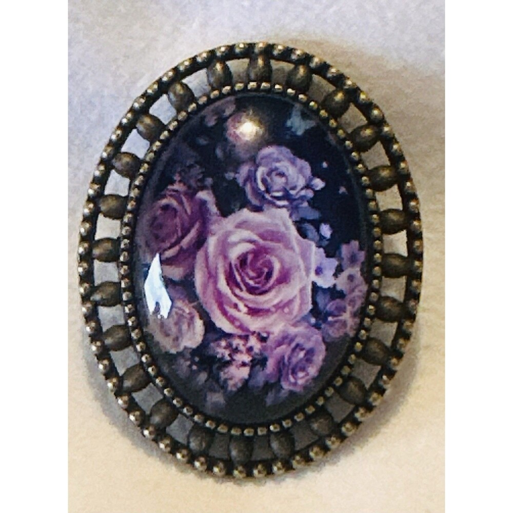 Vintage Floral Cameo Style Brooch Purple Rose Cabochon Antiqued Gold Tone Pin